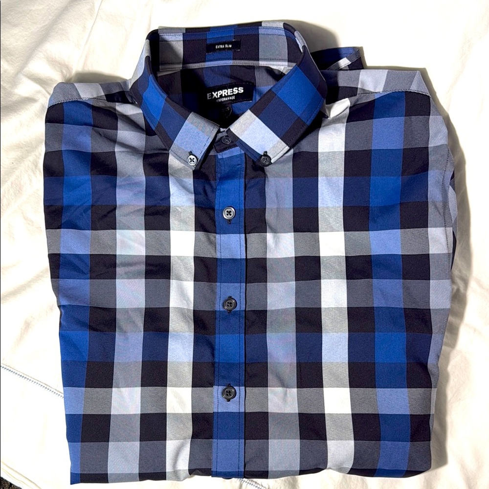 Express Blue and Black Casual Button Down Shirt -
Large